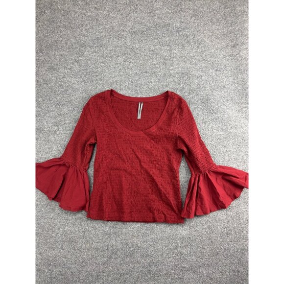 Anthropologie Smocked Top Women's Medium Red 3/4 Bell Sleeve Scoop Neck Blouse - Picture 1 of 7